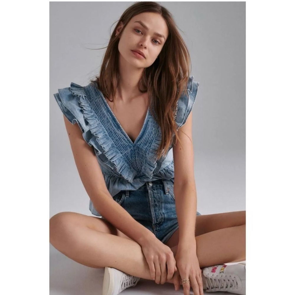 Anthropologie x Mare Mare Ruffled Chambray Denim Blouse Size Small Top Peplum - Picture 2 of 7
